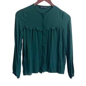 Zara WomenPleated Ruffle‎ Top XS Forest Green Sheer Button Up Fairy Whimsy Boho